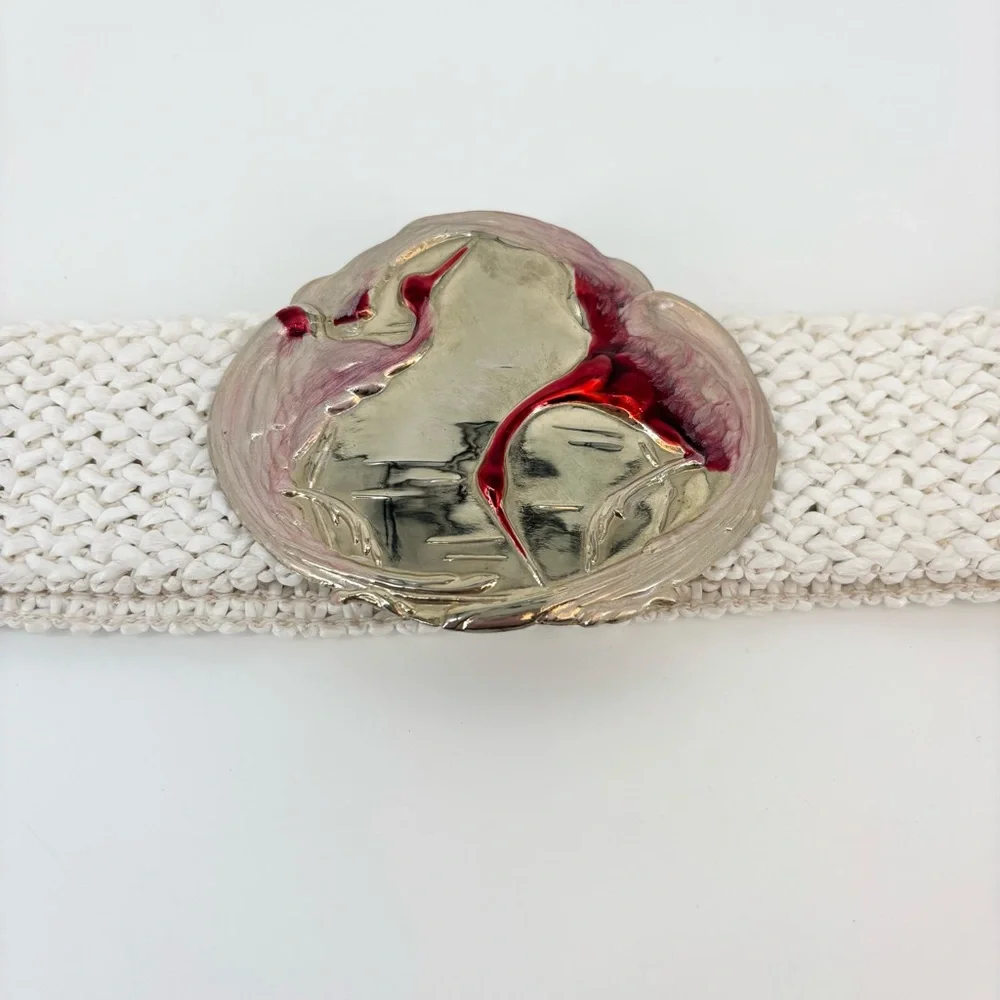 Vintage 80s Charmant Belt Oversized Buckle Woven‎ White Silver Pink Retro Large